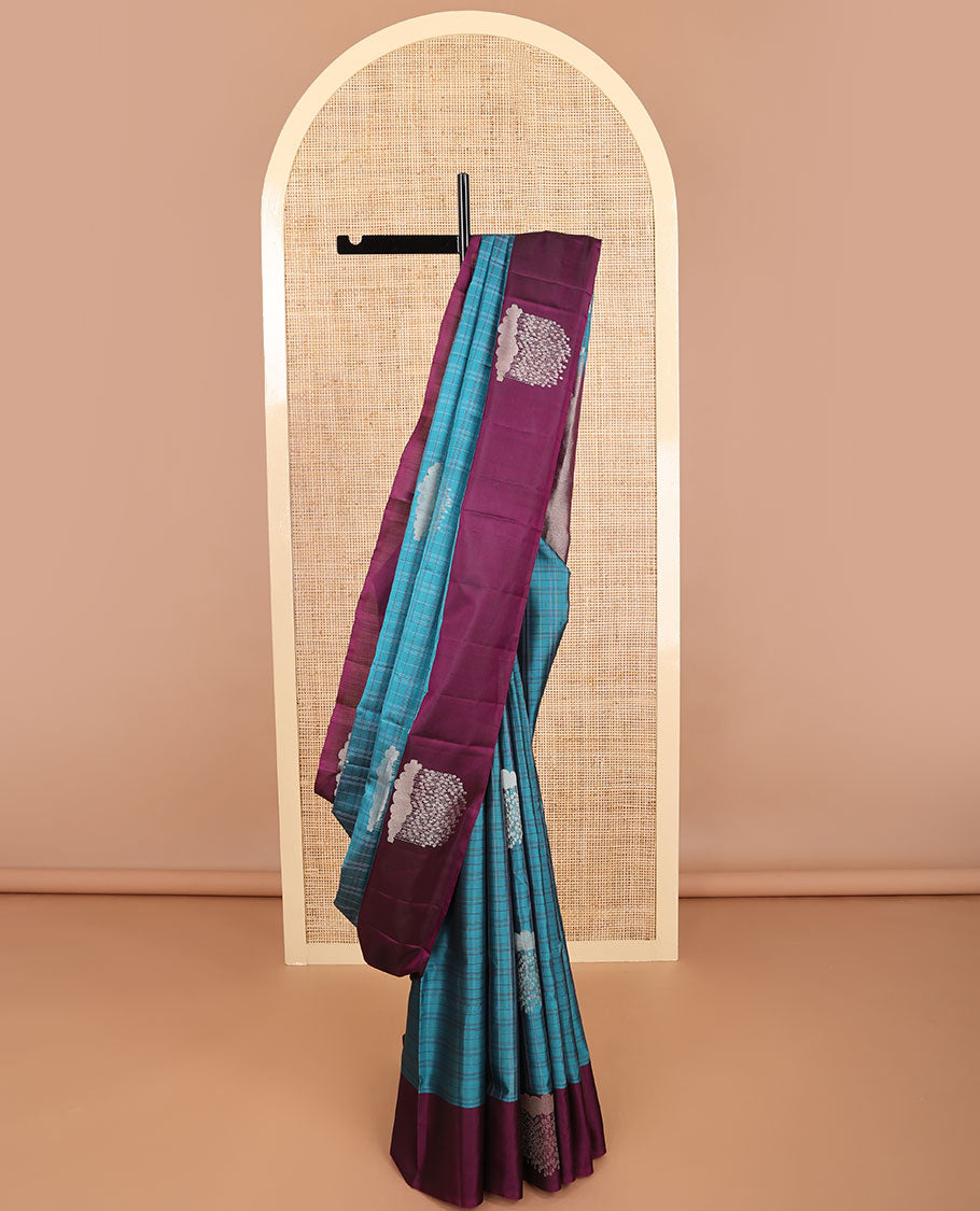 Blue checked, motifs mayuri soft silk saree with contrast border & zari design pallu