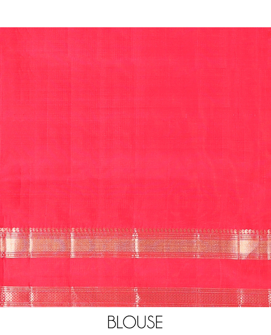 Red Mayuri Soft Silk Saree, Embellished with Manga Buttas on Its Body, Highlighted by Zari Border of Manga, Banaras, Mayil Kann, and Ara Maadam Designs, Pallu Elevated with Manga Designs in Zari, and Paired with a Matching Blouse