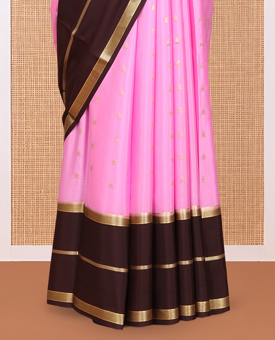 Pink Mysore Silk Saree, Enhanced with Zari Buttas, Complemented by a Contrast Traditional Zari Woven Border, Grand Pallu, and a Contrast Blouse