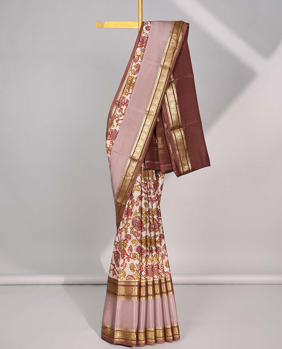 Cream floral vine design mysore silk saree with contrast traditional border & striped zari pallu
