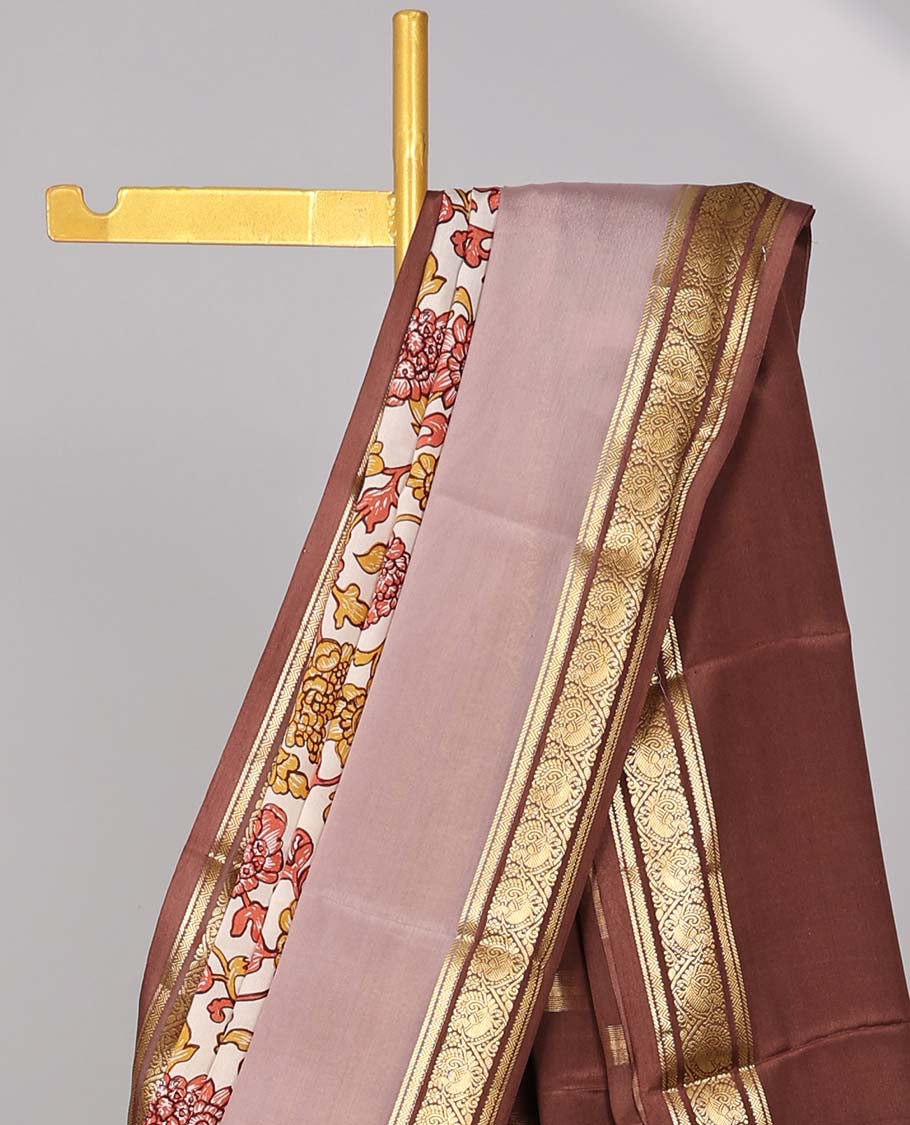 Cream floral vine design mysore silk saree with contrast traditional border & striped zari pallu