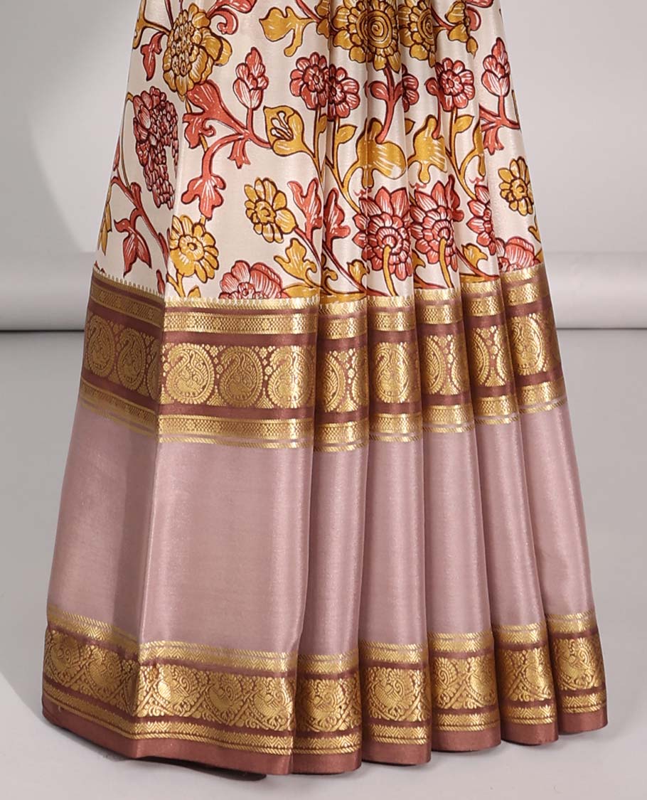 Cream floral vine design mysore silk saree with contrast traditional border & striped zari pallu