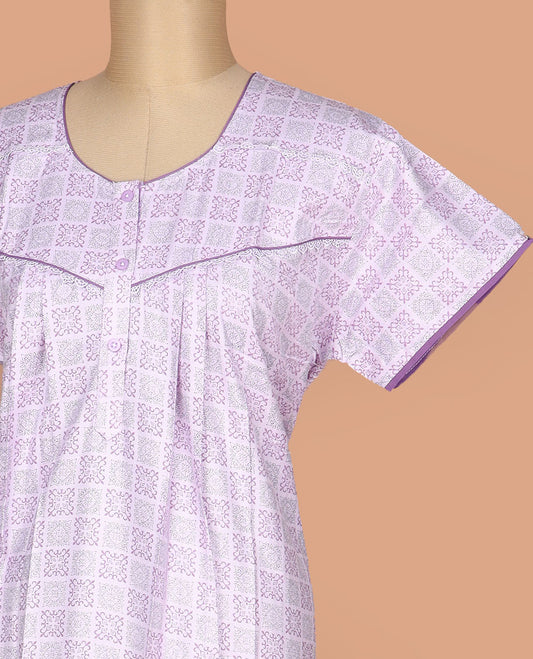 Lavender intricately printed with a round neck, half-sleeve cotton nighty