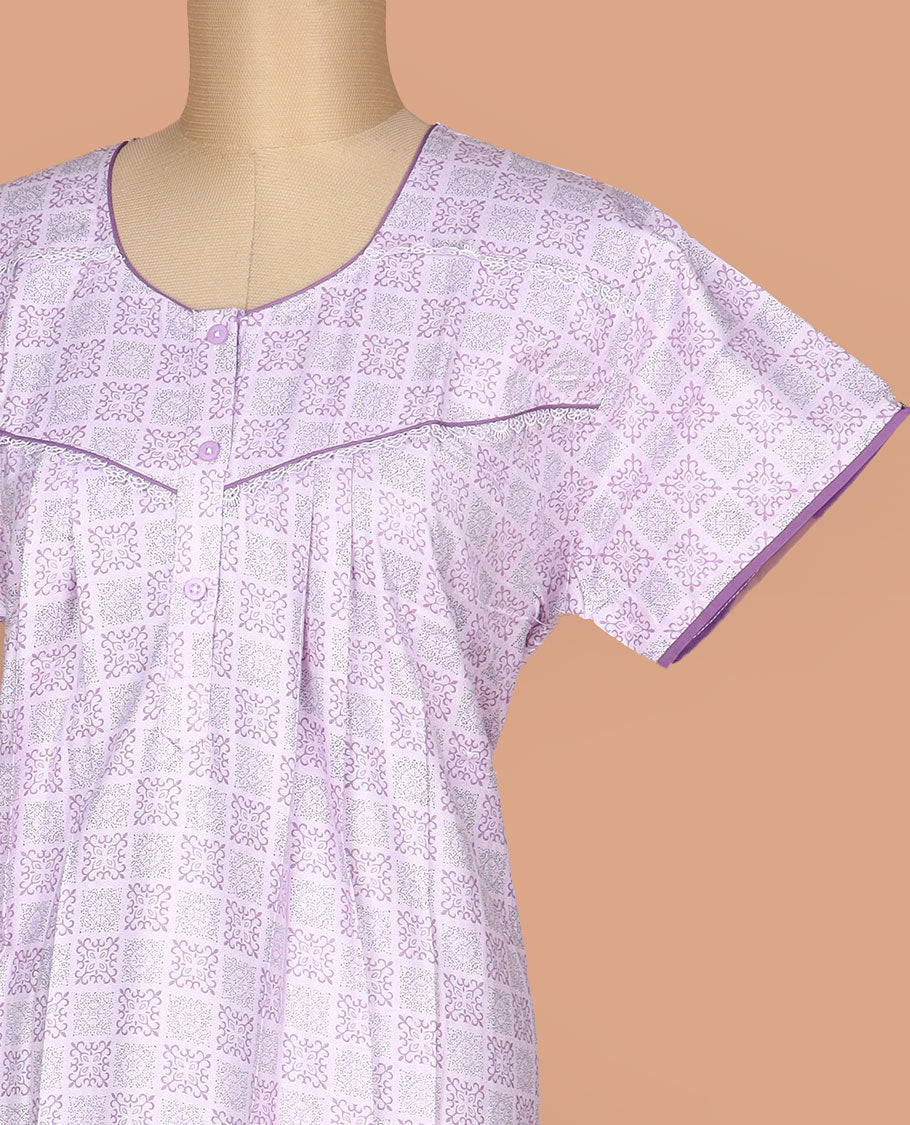 Lavender intricately printed with a round neck, half-sleeve cotton nighty