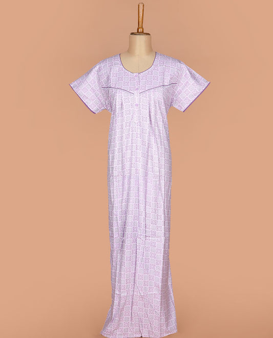 Lavender intricately printed with a round neck, half-sleeve cotton nighty