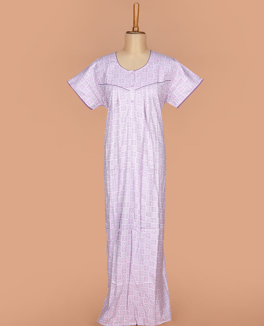 Lavender intricately printed with a round neck, half-sleeve cotton nighty