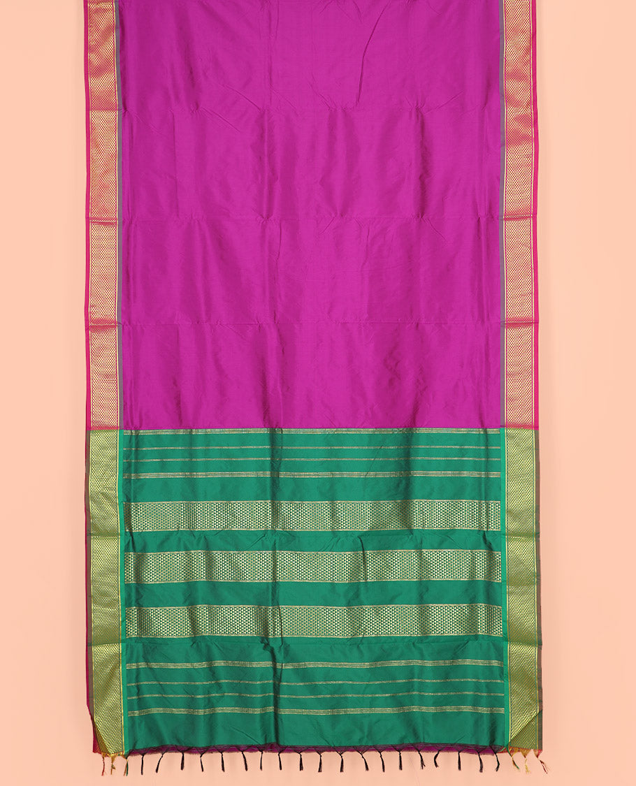 Rani Pink Plain Ten Yard Art Silk Saree, Complemented by a Contrast Ara Maadam Border, and Pallu Featuring Zari Stripes