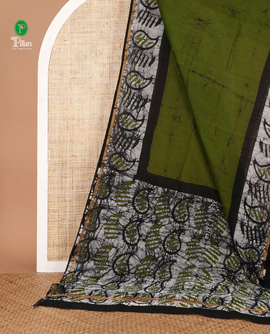 Green hand block batik printed chanderi cotton saree with black wax, checked border & black wax printed pallu along with plain blouse