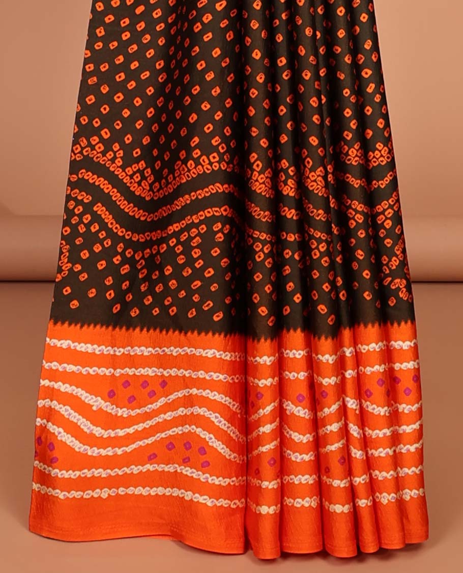 Brown all over bandhani printed crepe silk saree with contrast bandhani printed border