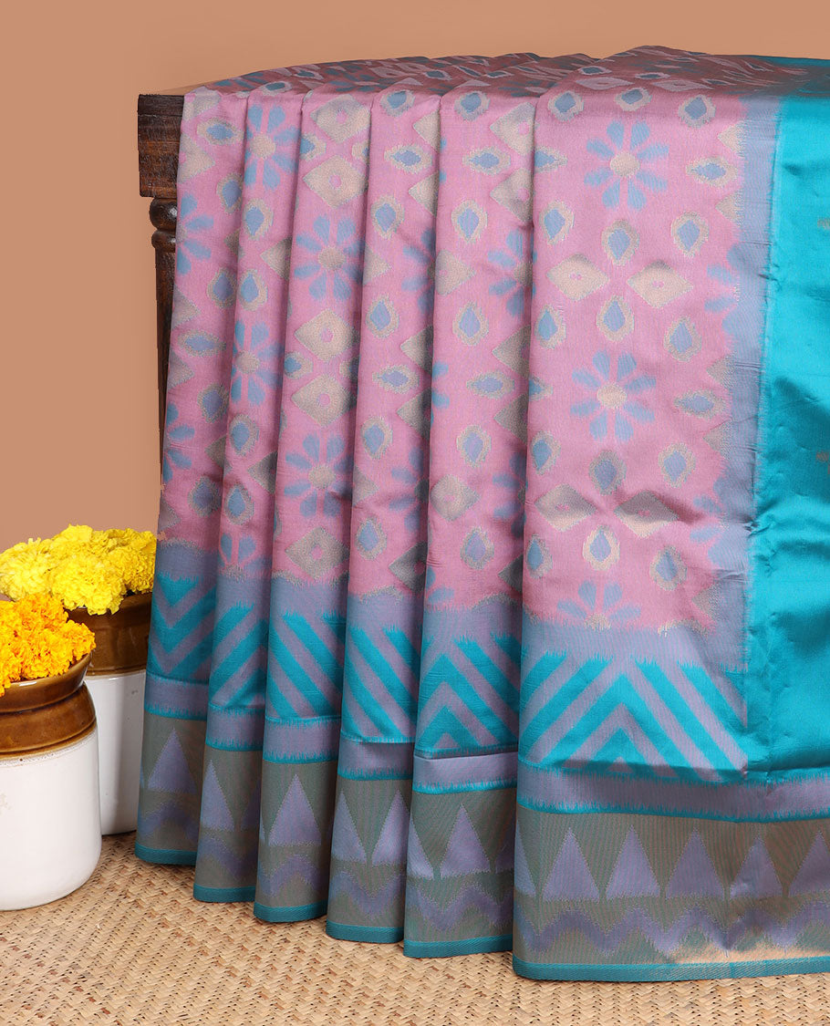 Pink allover zari thread patola weaving design mulburry silk saree with contrast gold zari weaving border & patola weaving rich pallu along with gold zari vertical lining design blouse