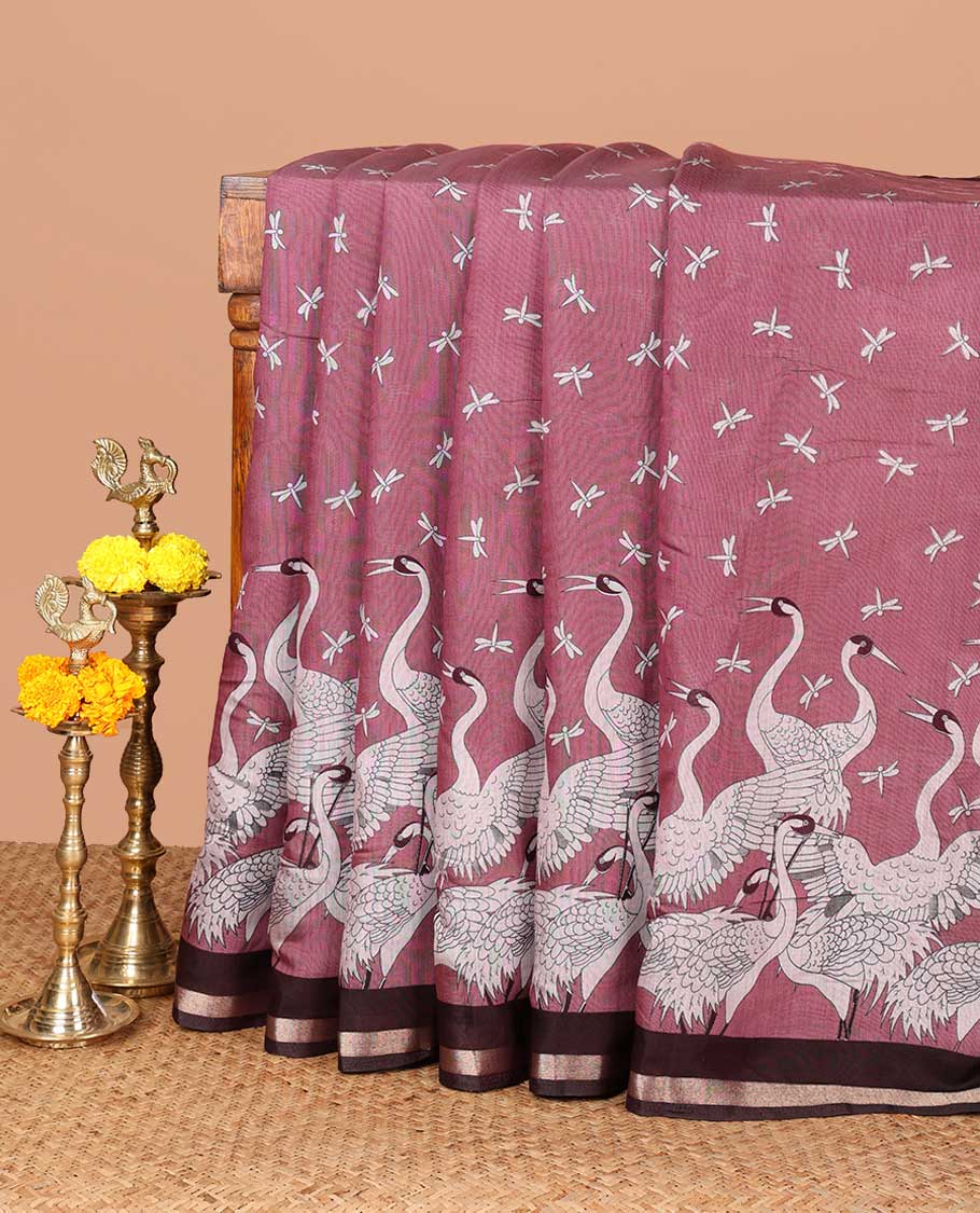 Pink drangon fly, creane digital print muslin cotton saree with zari border & printed pallu along with dragon fly printed blouse