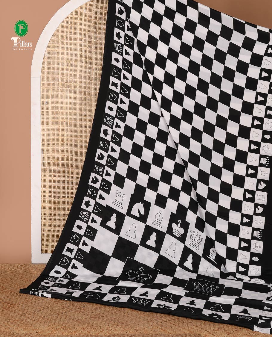 Black with white chess board mil printed crepe saree with self plain border