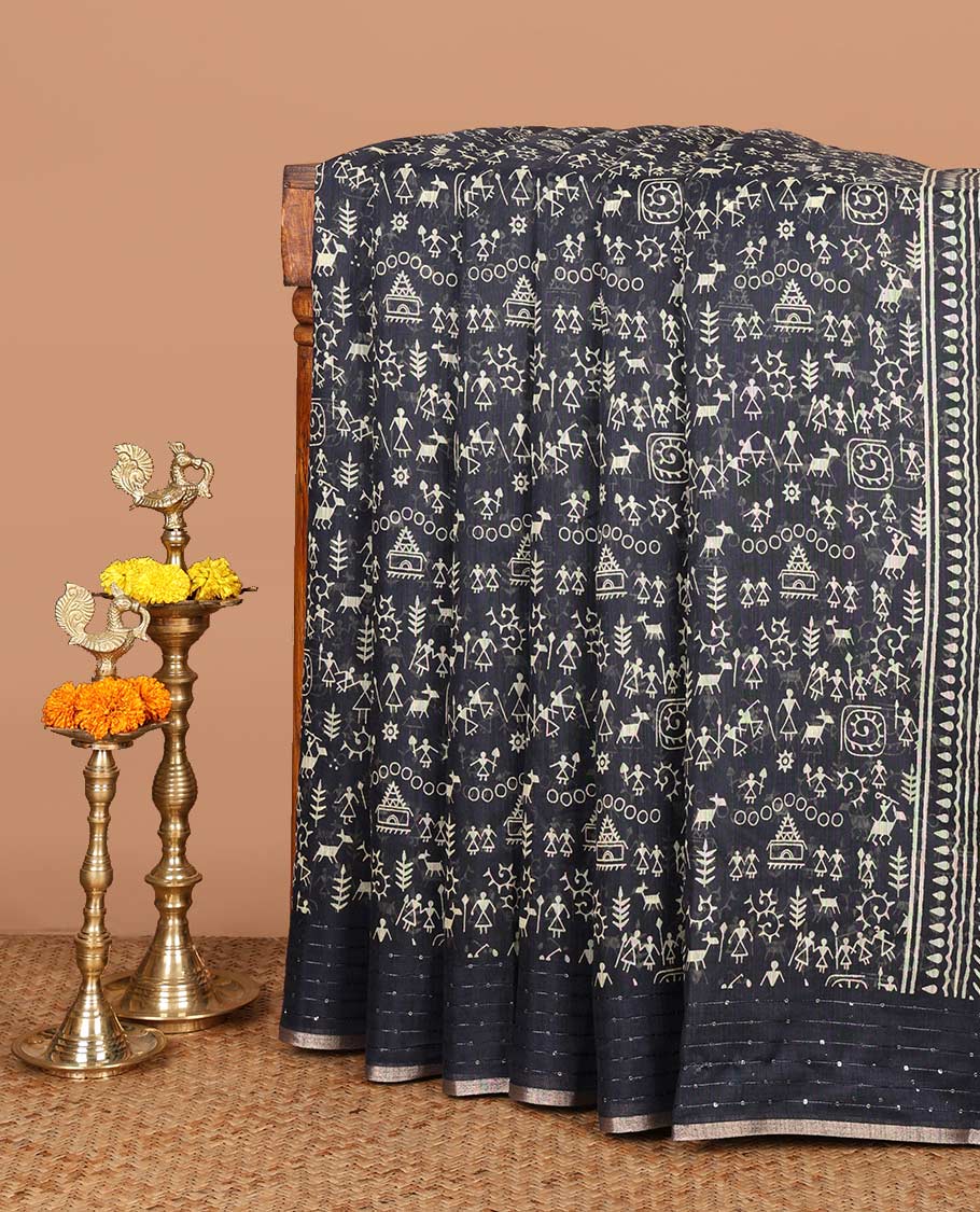 Grey worli printed soft mercerised cotton saree with sequins work border & printed pallu along with butta design blouse