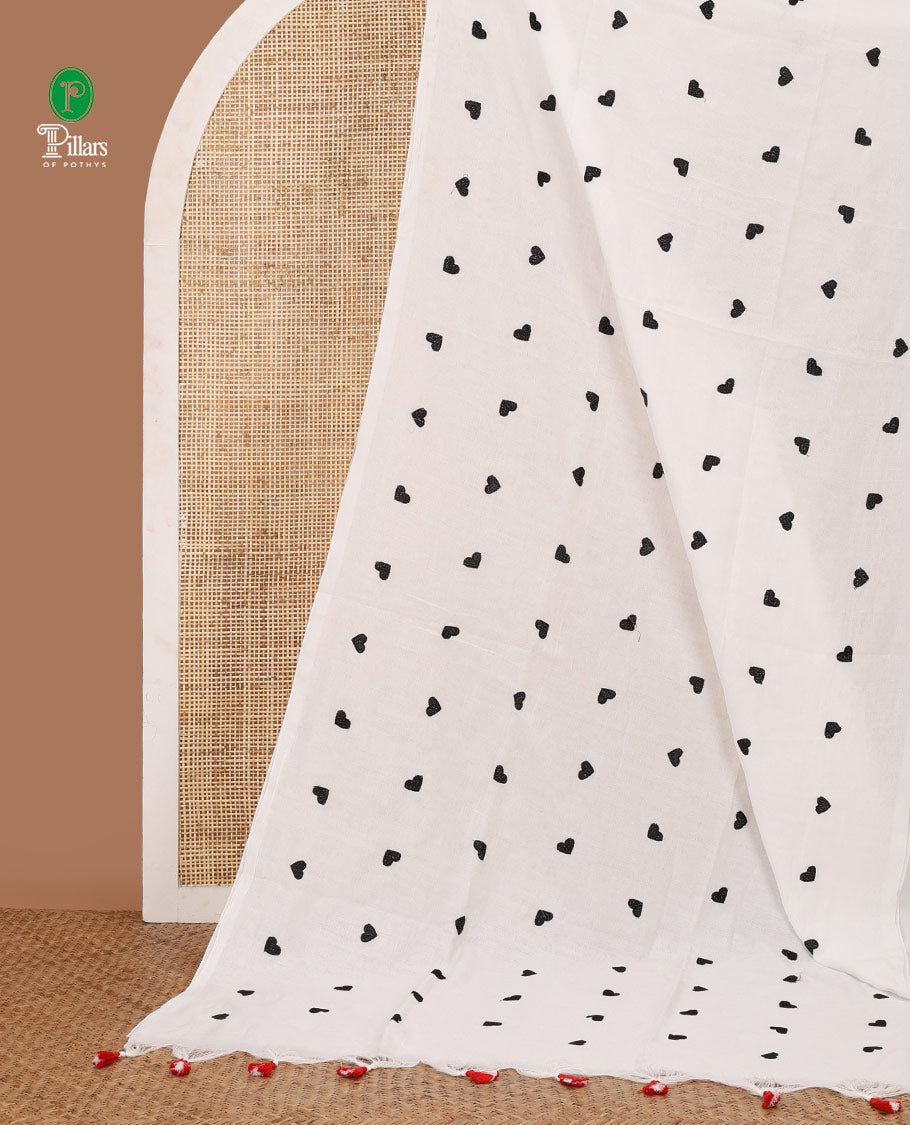 Borderless White heart thread embroidery jute cotton saree with self pallu & plain blouse