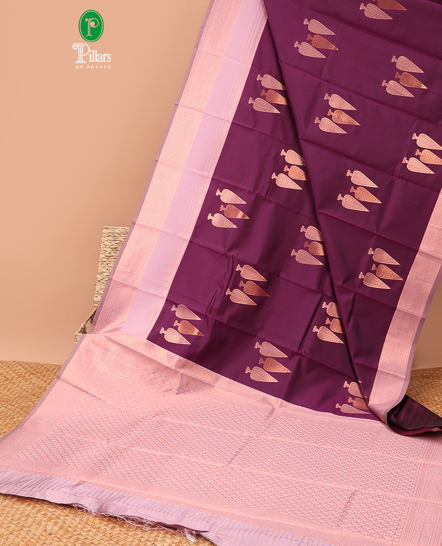 Wine copper zari butta litchi soft silk saree with contrast double pad border & zari butta blouse