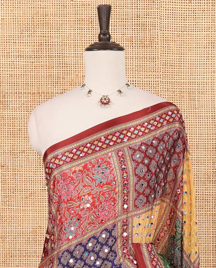 Maroon half-&-half colorful geometric printed & mirror embroidered masakali saree, printed border & pallu, plain blouse