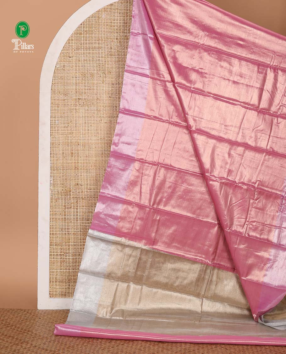 Baby pink plain tissue silk saree, silver zari bavanji border & contrast gleaming golden color plain blouse