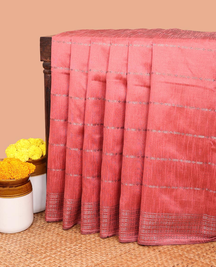 Onion pink antique runaway design art jute silk saree with antique zari border & silver box design pallu along with plain blouse