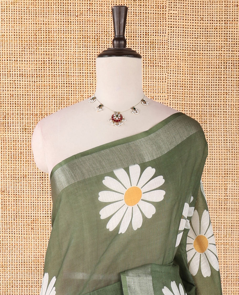 Olive green sunflower motif printed linen saree, silver zari plain border & small sunflower motif print blouse