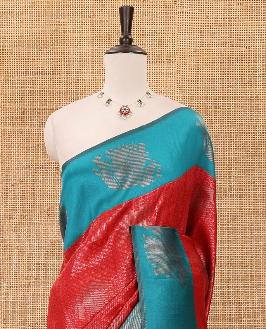 Red zari checked & elephant motifs woven kanchi silk saree, contrast korvai-style border of elephant motifs, intricate pallu & plain blouse