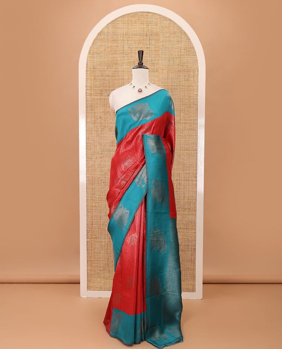 Red zari checked & elephant motifs woven kanchi silk saree, contrast korvai-style border of elephant motifs, intricate pallu & plain blouse