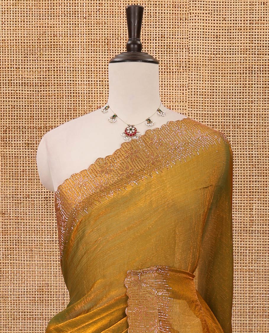 Gold plain fendy-chiffon saree, scallop Swarovski copper stone work border & contrast Swarovski copper stonework blouse