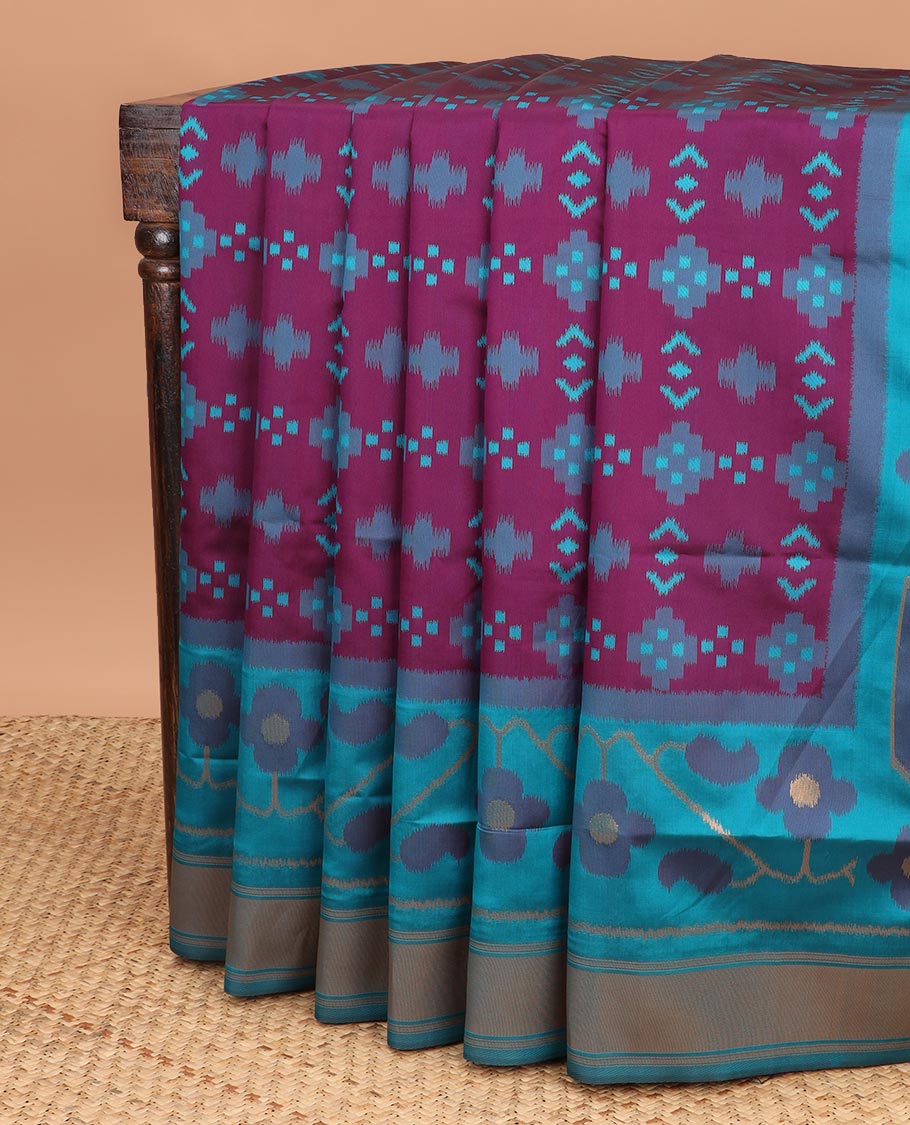 Wine with shappire green patola design mulberry silk aree , double side border with one side bavanchi small border