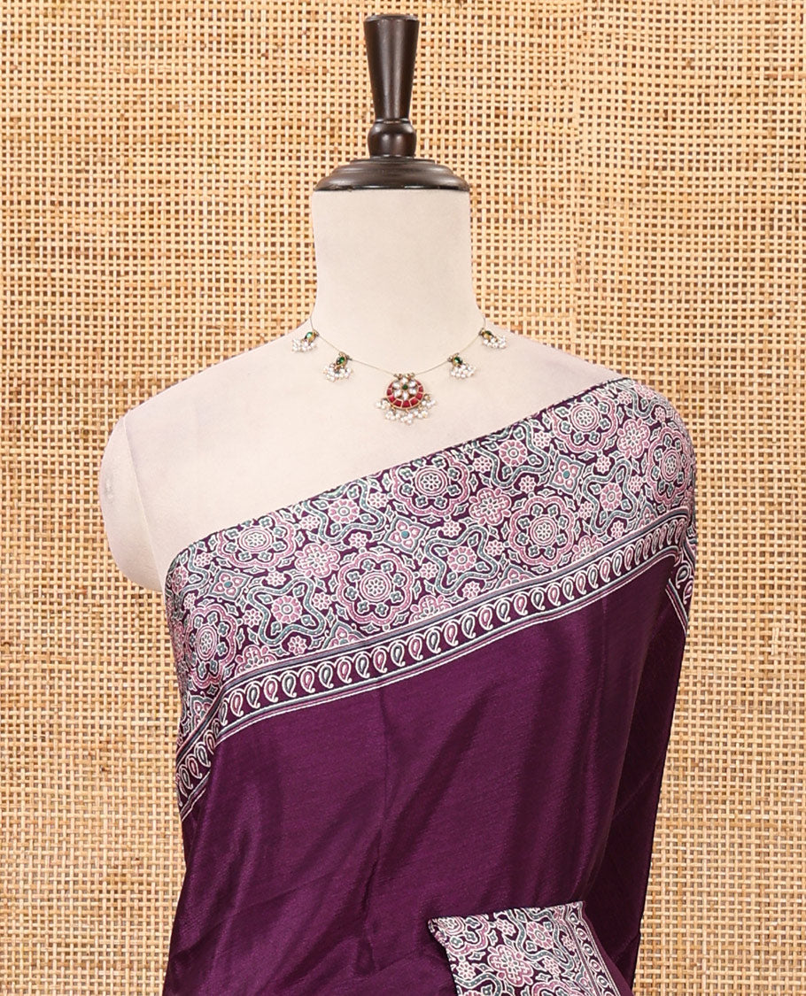 Violet plain design Turkey crepe saree, Intricately Ajrakh-printed border, pallu & matching blouse