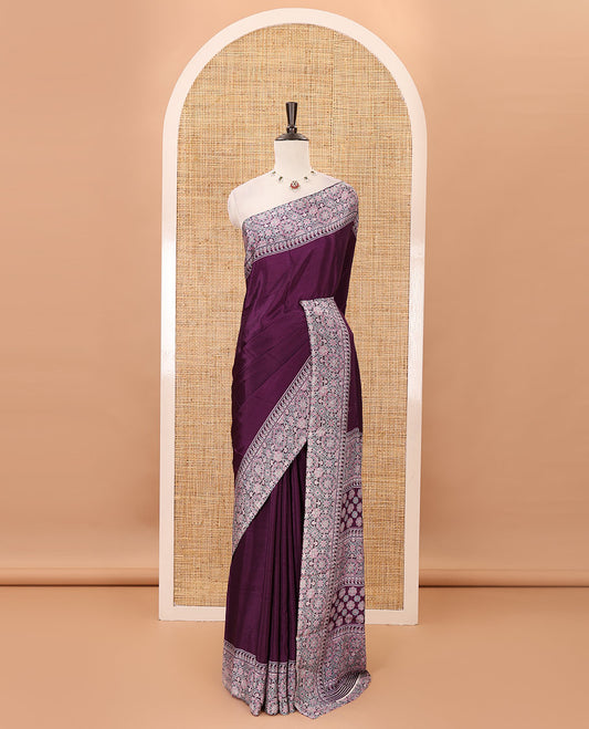 Violet plain design Turkey crepe saree, Intricately Ajrakh-printed border, pallu & matching blouse