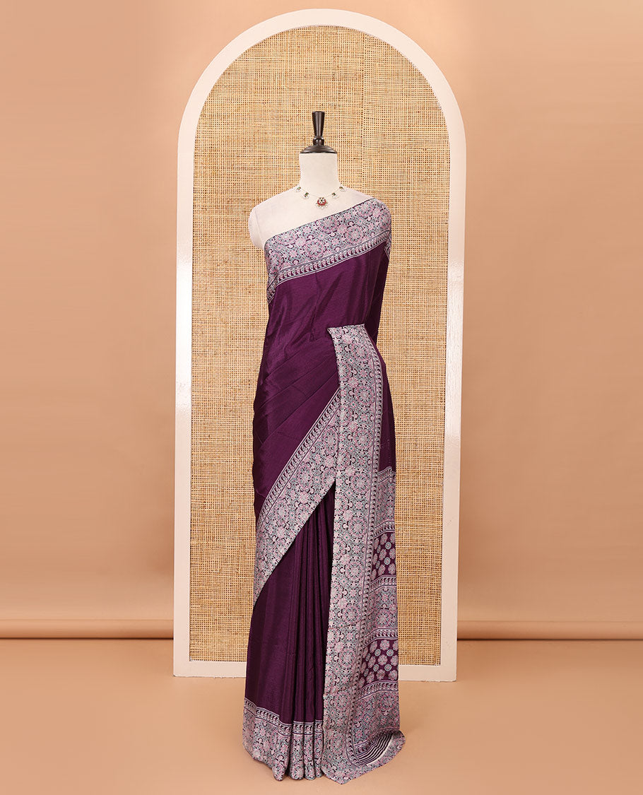 Violet plain design Turkey crepe saree, Intricately Ajrakh-printed border, pallu & matching blouse