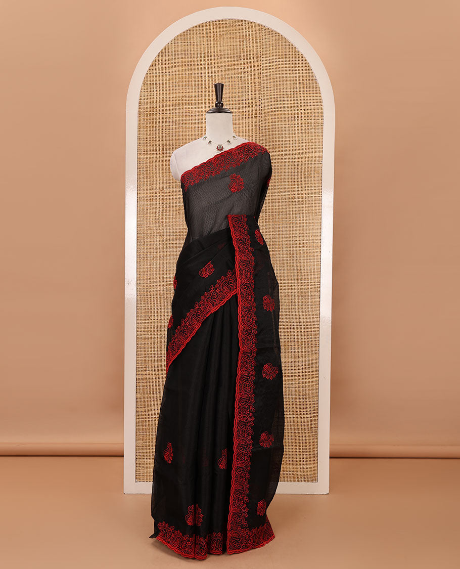 Black paisley motifs embroidered kota checks saree, paisley embroidered scallop border & embroidered pallu & matching thread embroidered blouse