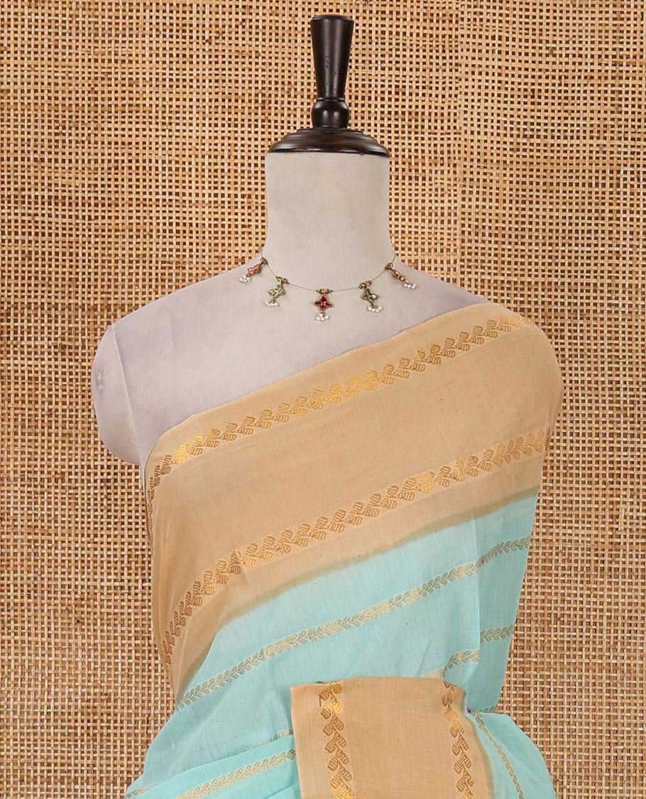 Sea green zari kathir striped sungudi cotton saree, contrast rettai pettu zari border, zari design pallu & contrast zari design blouse