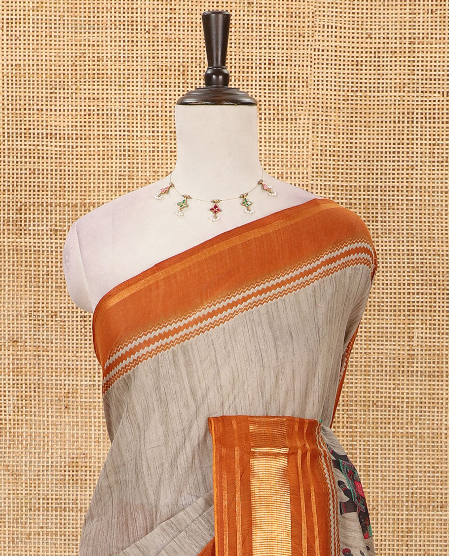 Grey with orange plain & elephant motifs printed soft-tussar saree, contrast zari border, pallu of elephant & geometric print & plain blouse