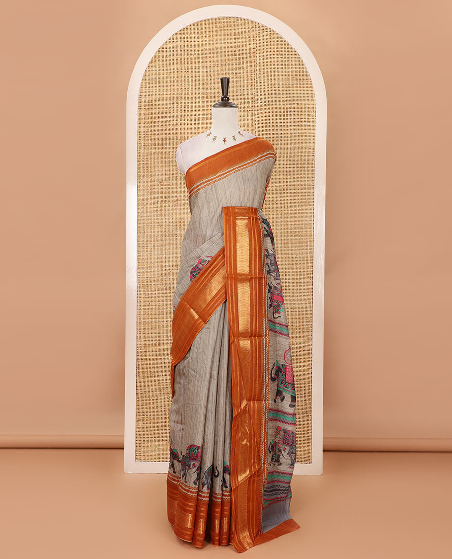 Grey with orange plain & elephant motifs printed soft-tussar saree, contrast zari border, pallu of elephant & geometric print & plain blouse