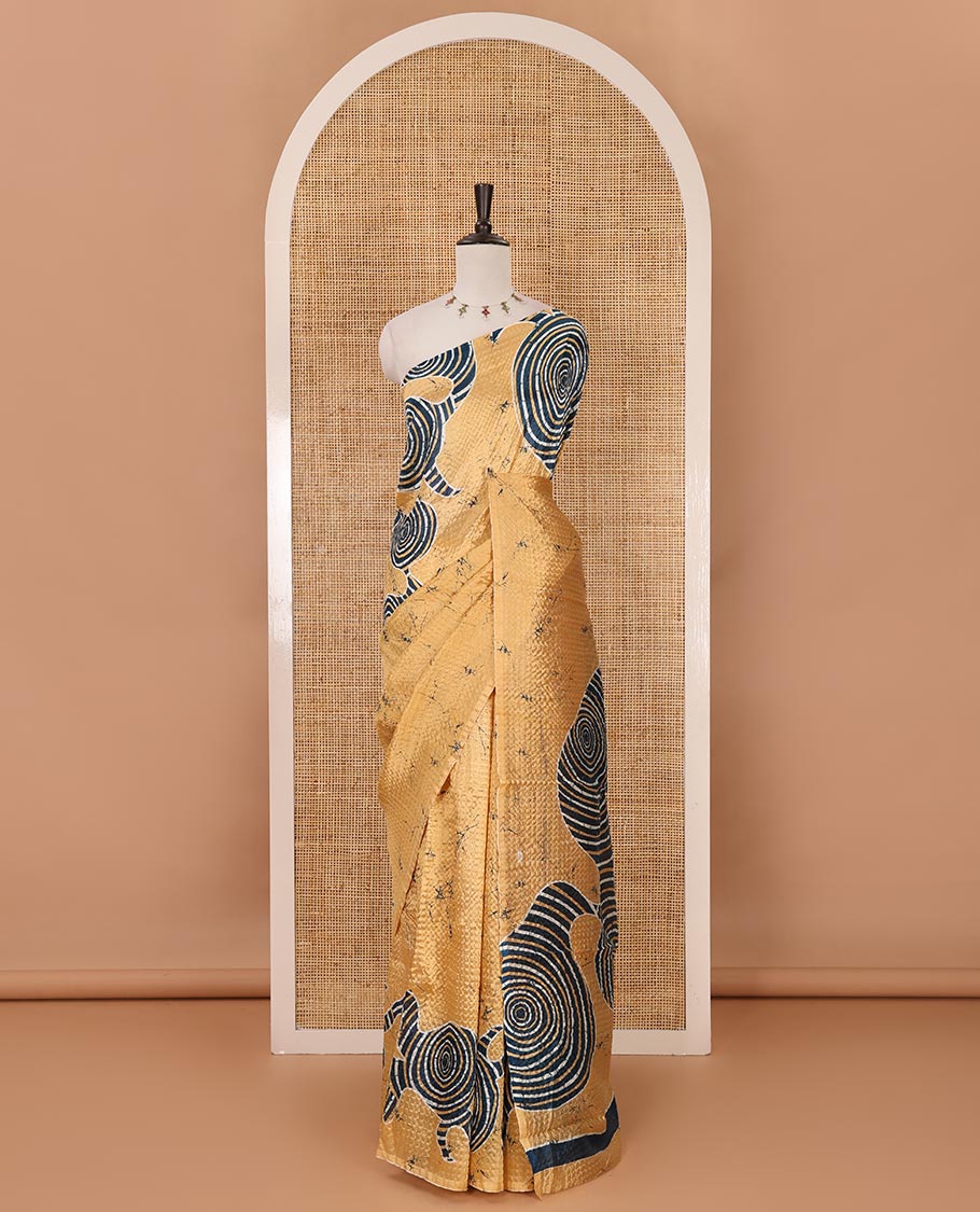 Borderless yellow abstract-geometric printed crushed litchi saree, printed pallu & running blouse