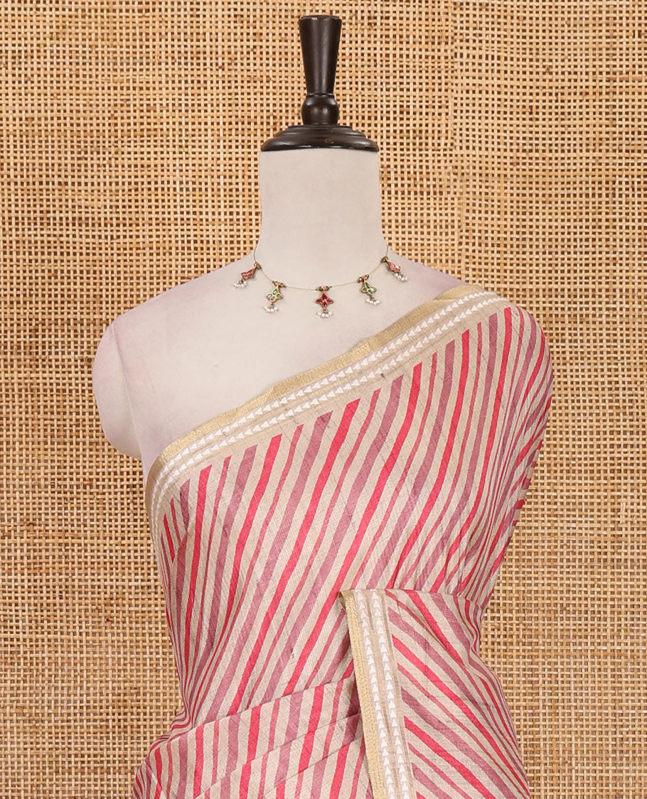 Pink lehariya-style striped semi-tussar saree, contrast resham thread triangle motifs border, diamond printed pallu & contrast printed blouse