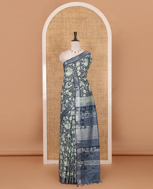 Steal grey flora-fauna kalamkari printed Bhagalpur linen saree, zari border, contrast floral-peacock printed pallu & contrast printed blouse