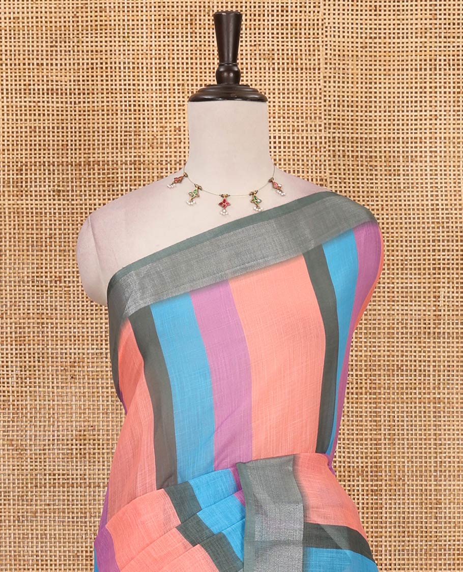 Multi-color stripes-block linen saree, zari bavanji border, plain pallu & printed blouse