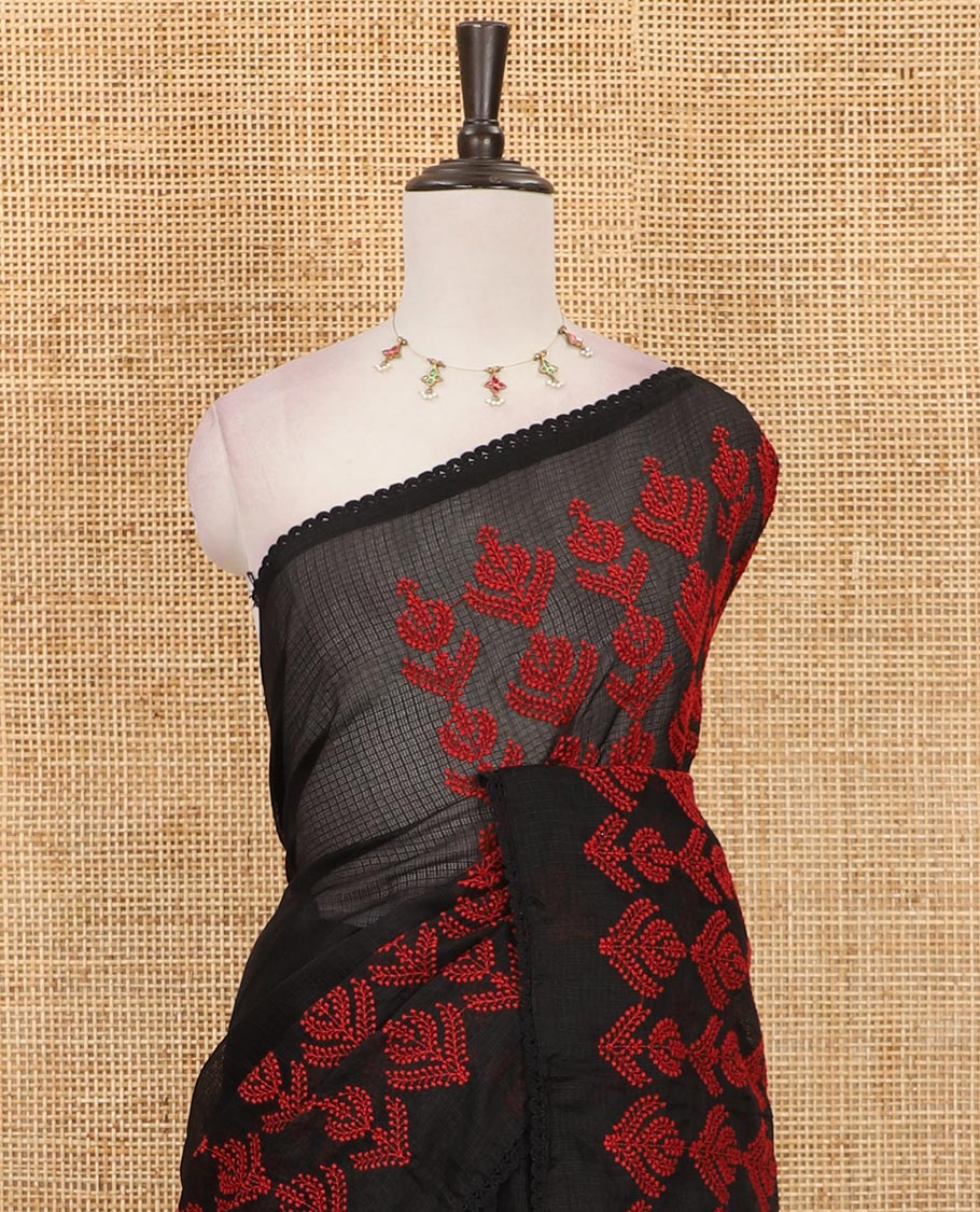 Black all-over red-thread intricate motifs embroidered Kota chex saree, lace border, and plain black blouse