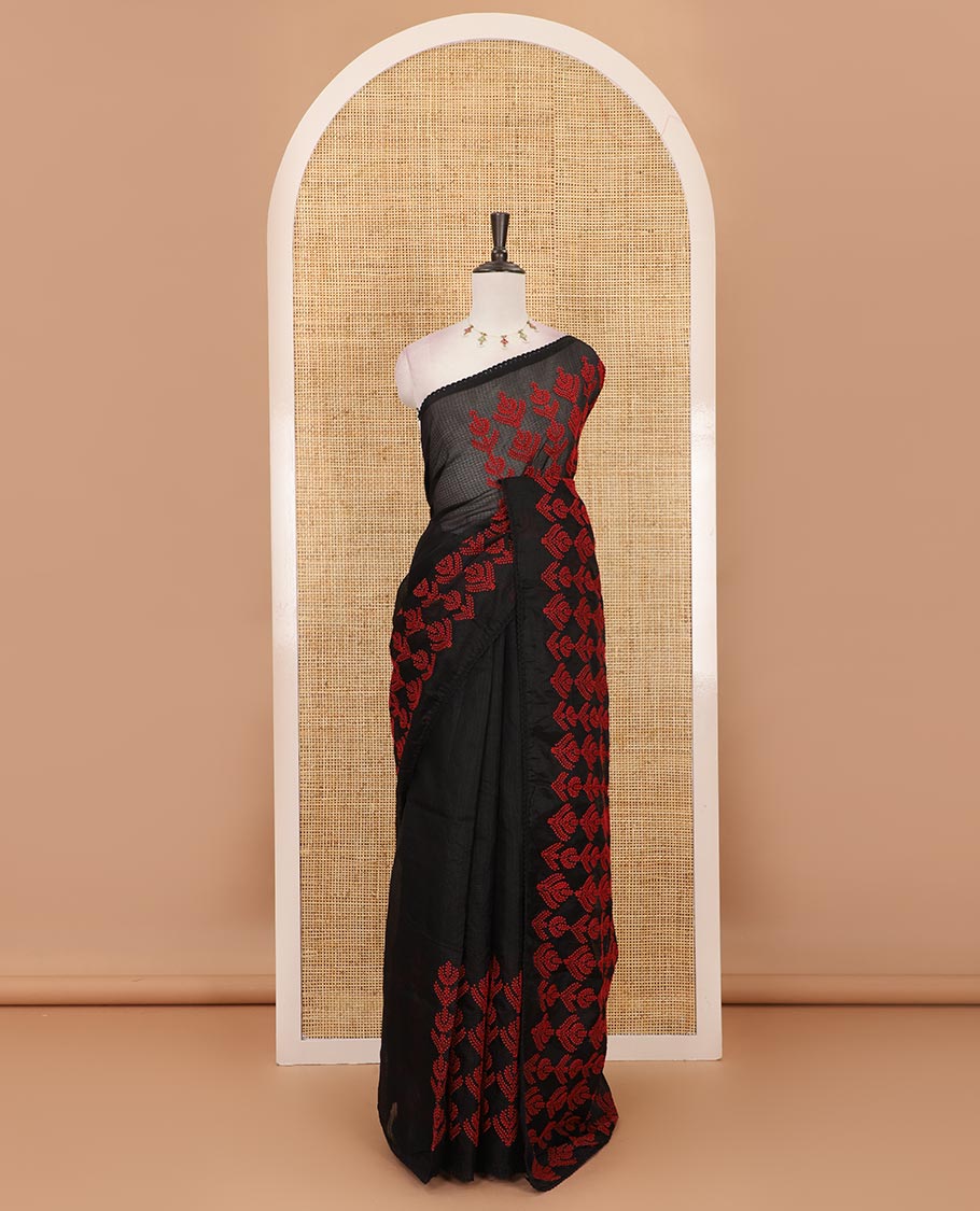 Black all-over red-thread intricate motifs embroidered Kota chex saree, lace border, and plain black blouse