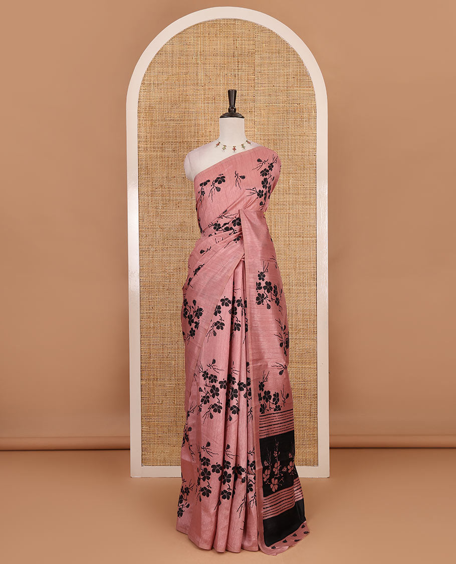 Borderless pink five petal floral motifs printed semi tussar saree, self-pallu of floral print, and printed blouse