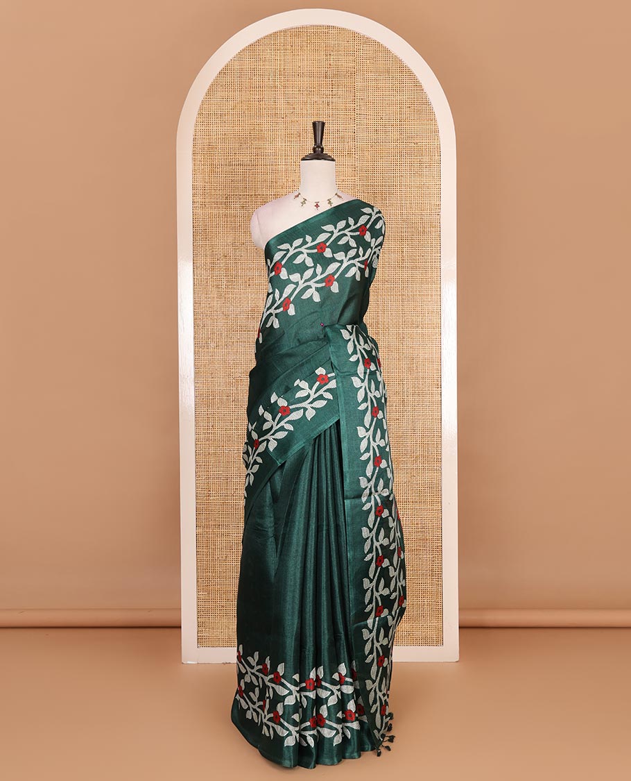Green plain khadi cotton saree, floral creeper printed border, and pallu with small buttas printed blouse