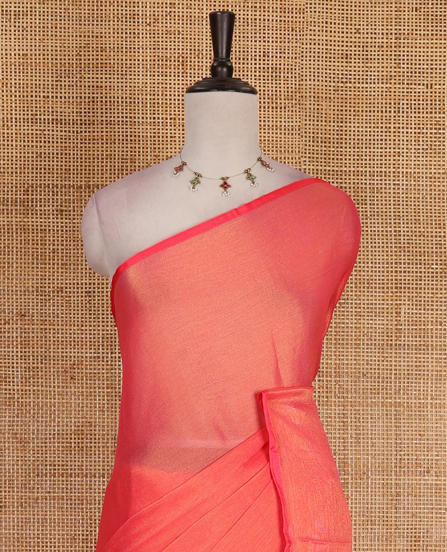Borderless bright orange plain design viscose saree, flower motifs printed matching blouse