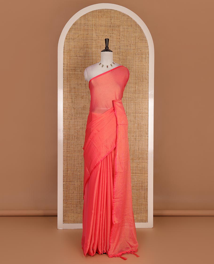 Borderless bright orange plain design viscose saree, flower motifs printed matching blouse