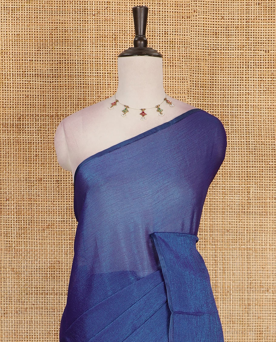 Borderless royal blue plain design viscose saree, flower motifs printed matching blouse