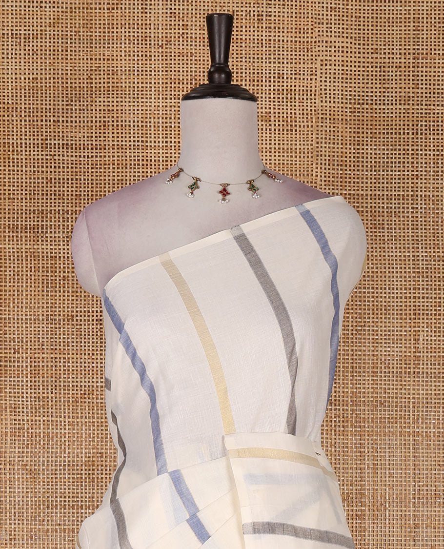 Borderless cream-purple vertical striped Kerala cotton saree, ragkat style pallu, and running blouse