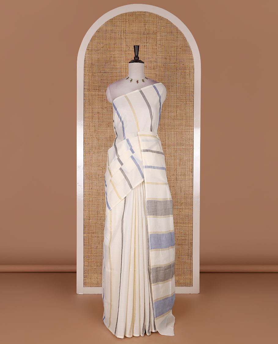 Borderless cream-purple vertical striped Kerala cotton saree, ragkat style pallu, and running blouse