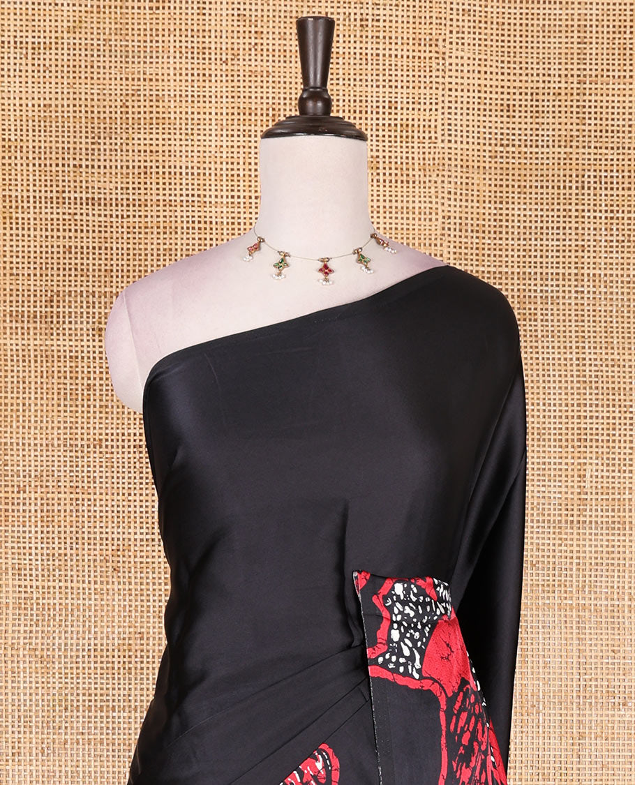 Borderless black-red batik style abstract digital printed satin crepe saree with blouse of small buttas