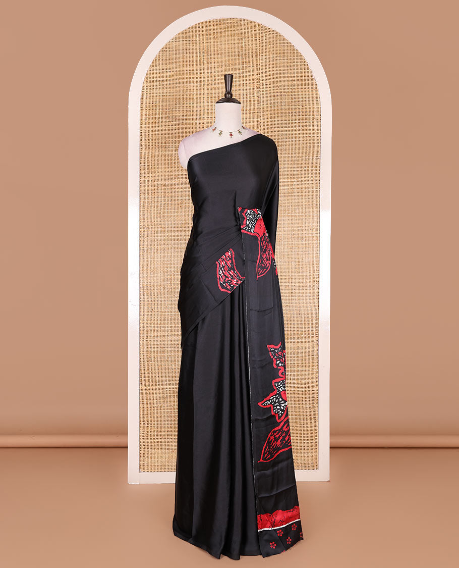 Borderless black-red batik style abstract digital printed satin crepe saree with blouse of small buttas