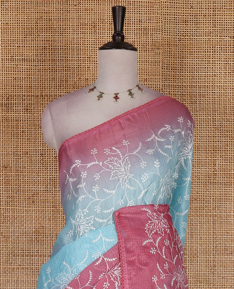 Sea green-pink floral vine chickankari embroidered kota chex saree, lace border, floral vine chickankari embroidered pallu, and contrast plain blouse